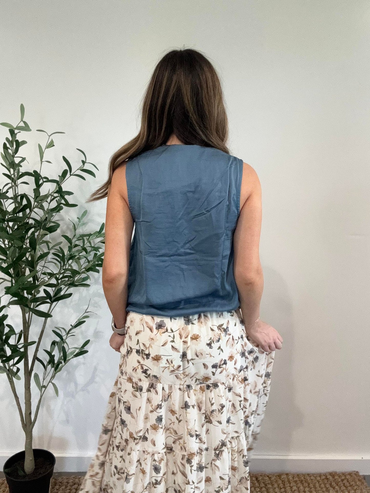 Dusty Blue Sleeveless Drape Shoulder Satin Blouse