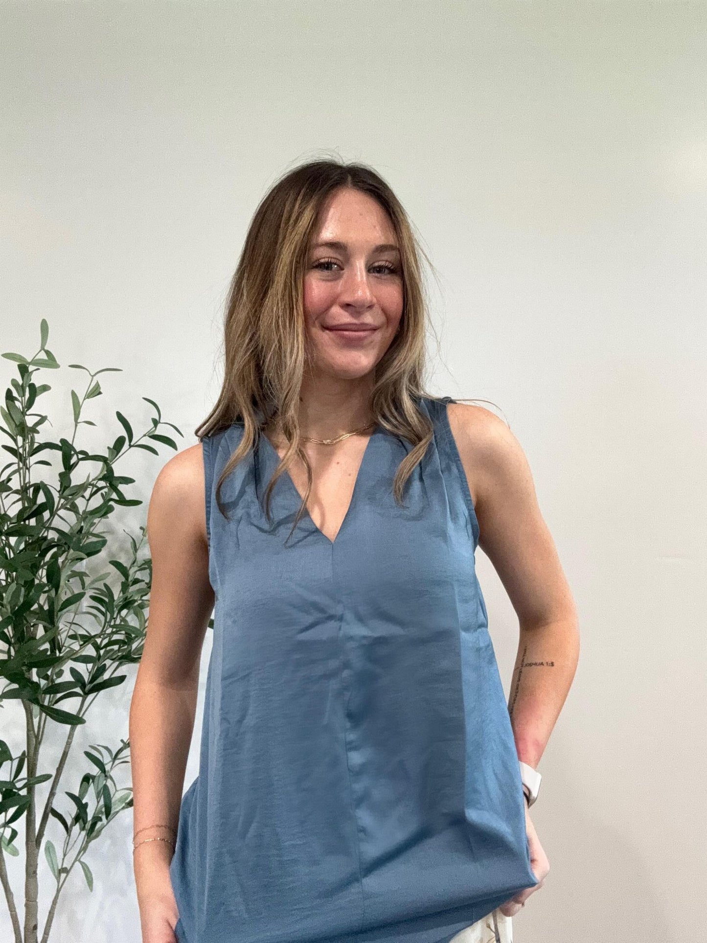 Dusty Blue Sleeveless Drape Shoulder Satin Blouse