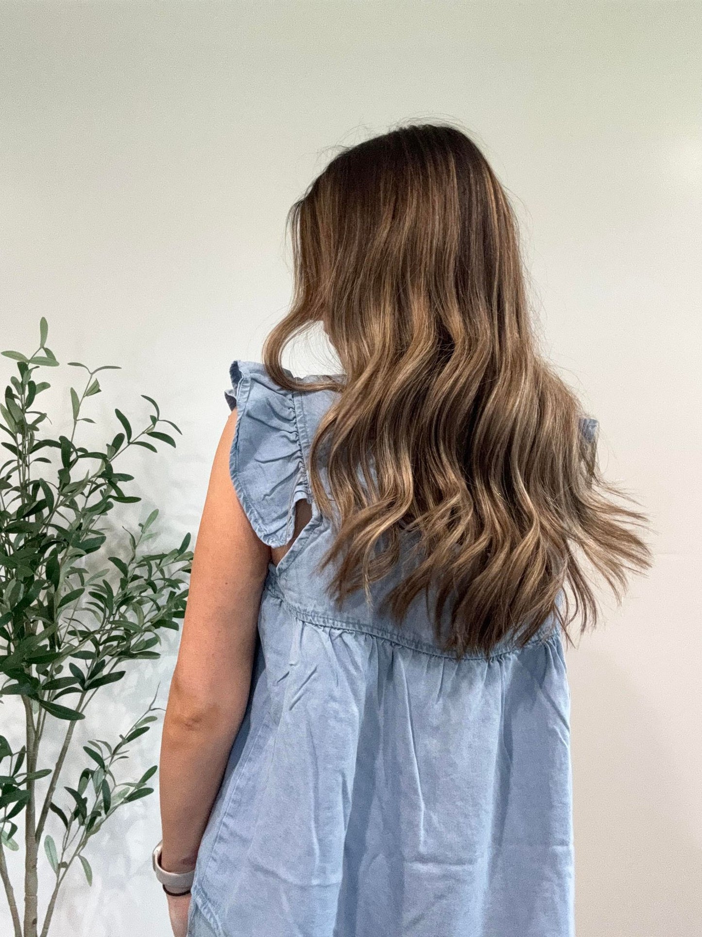 Denim Tencel Square Neck Ruffle Cap Sleeve Top