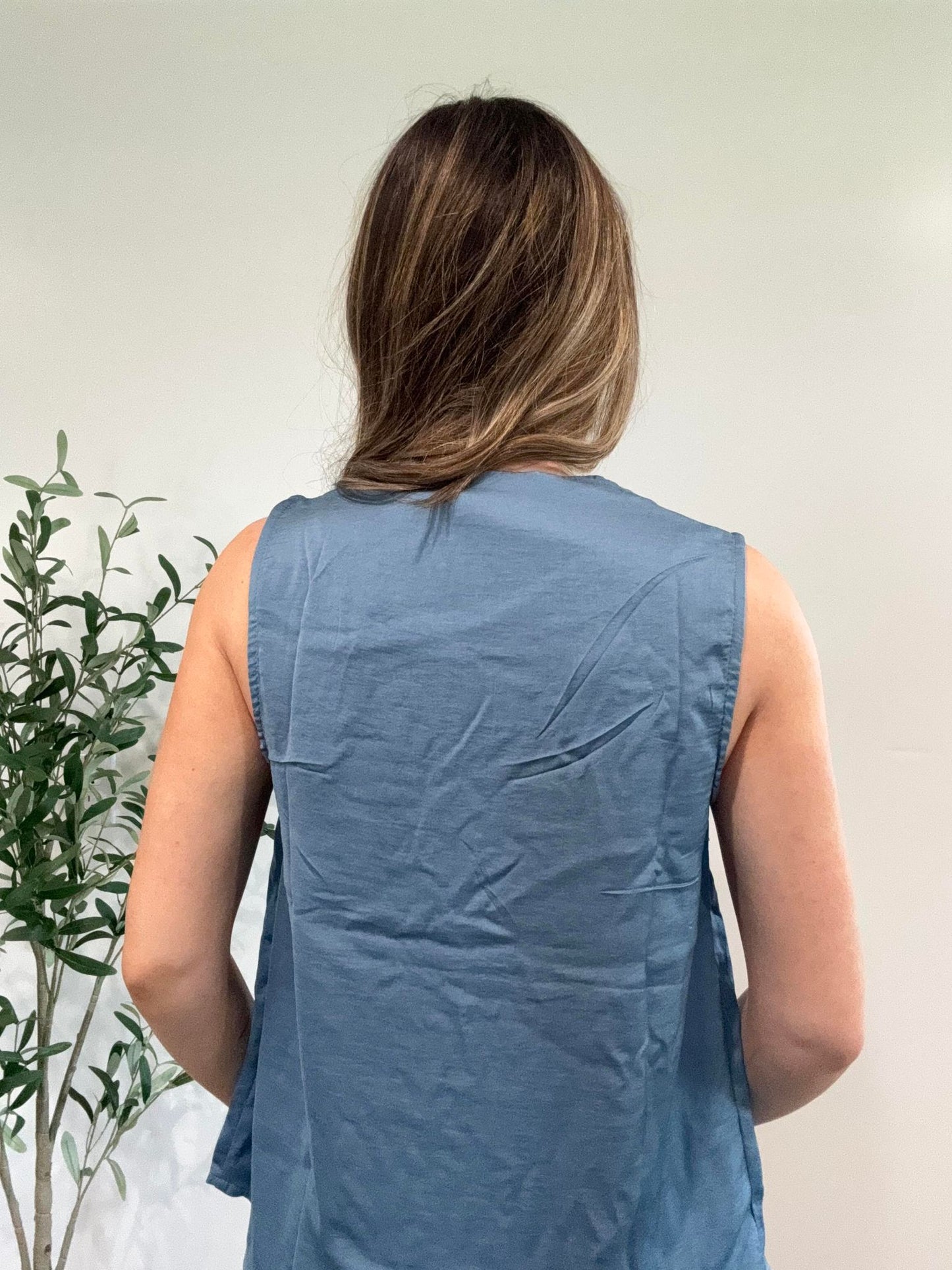 Dusty Blue Sleeveless Drape Shoulder Satin Blouse