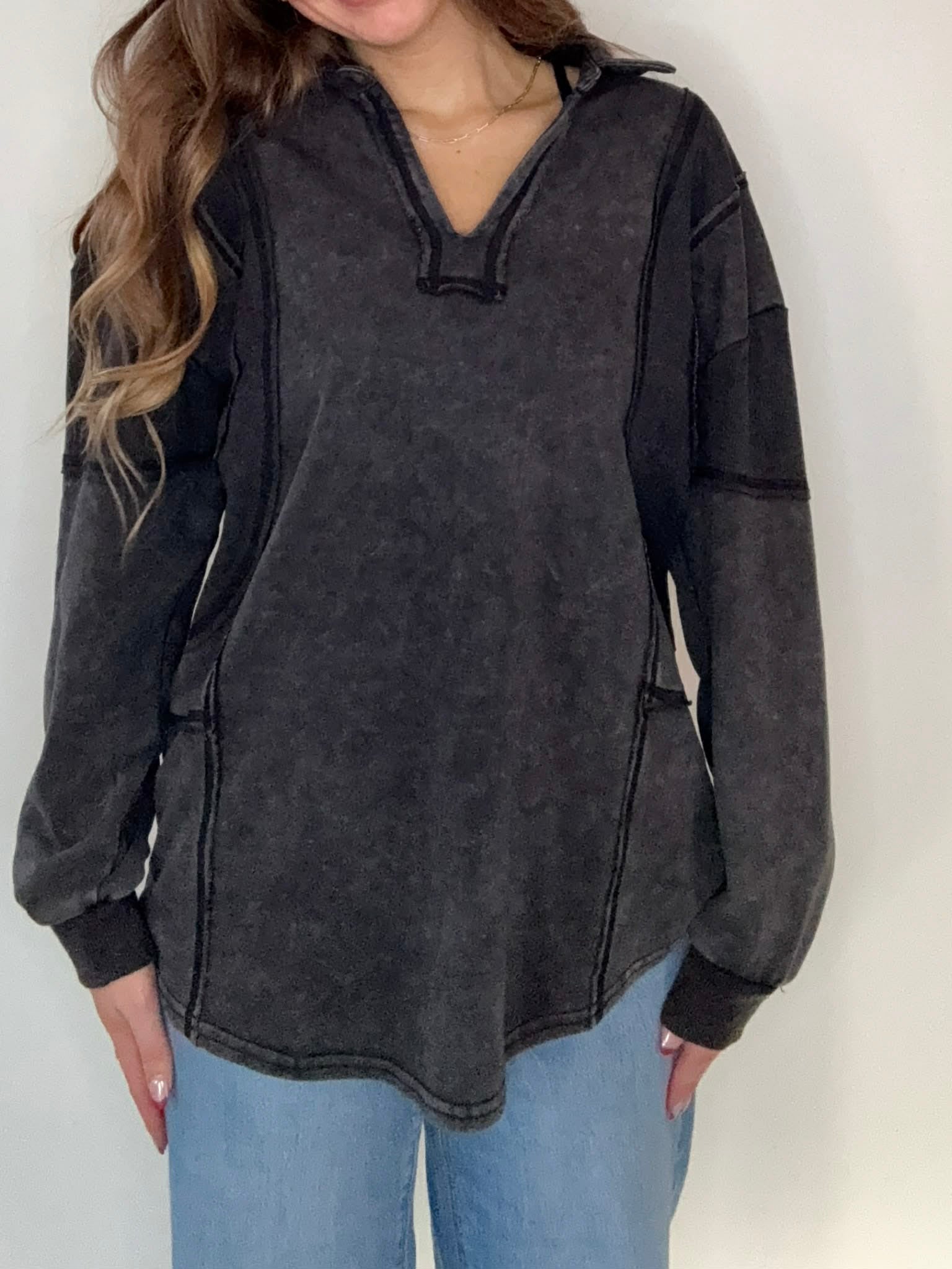 Black Mineral Washed Oversized French Terry Knit Top – Rosebud's