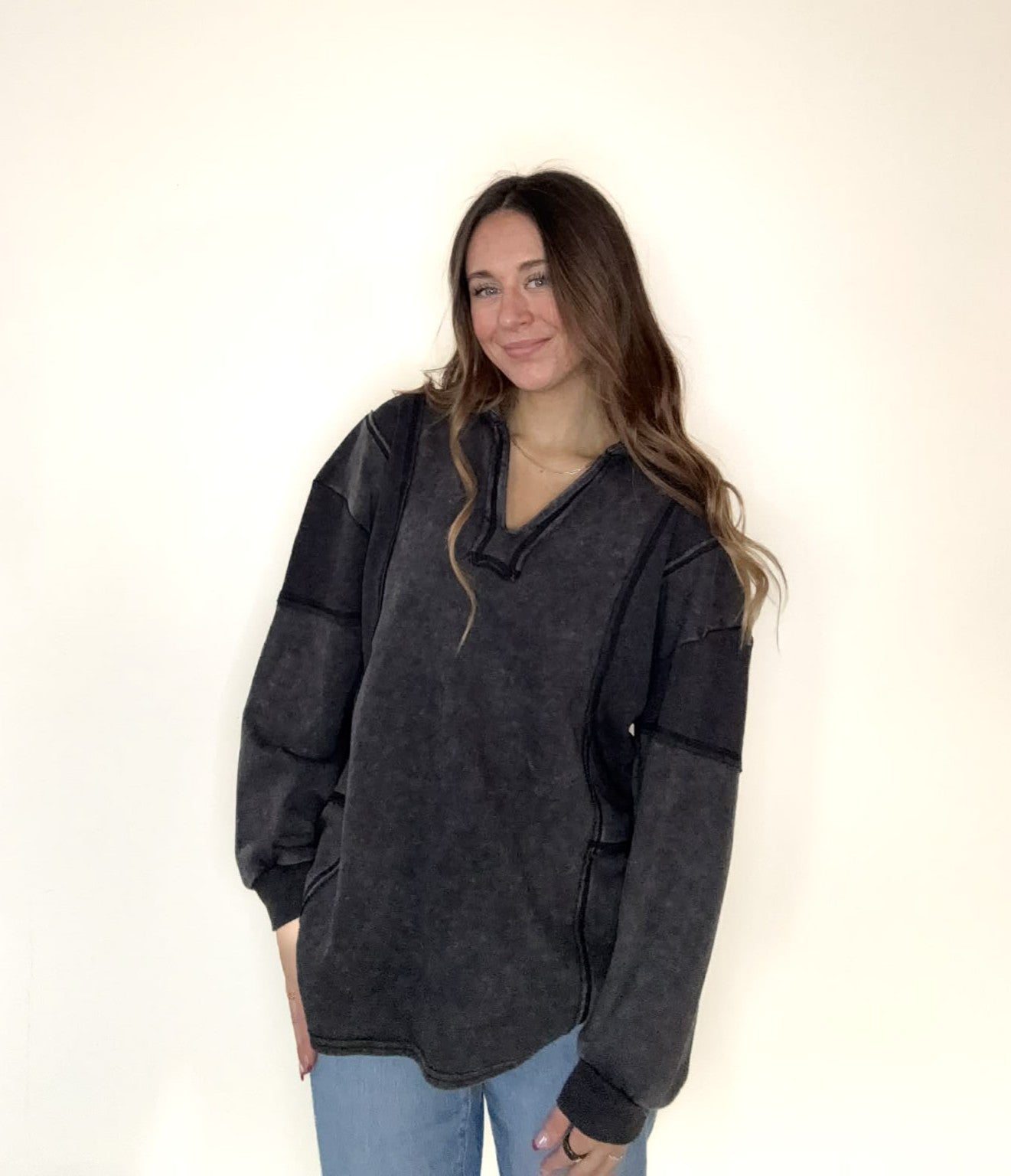 Black Mineral Washed Oversized French Terry Knit Top
