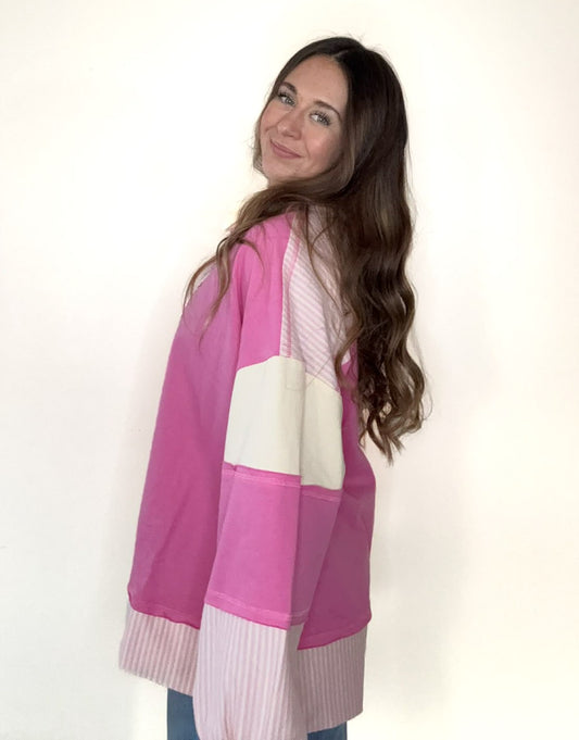 Pink Color Block Solid & Stripe Casual Knit Top