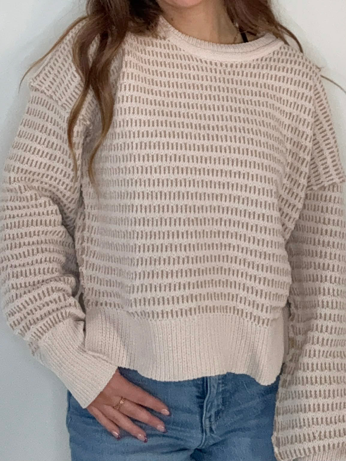 Two Tone Taupe Textured Knit Casual Sweater Top