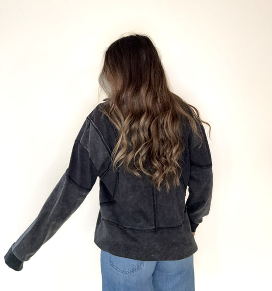 Black Mineral Washed Oversized French Terry Knit Top