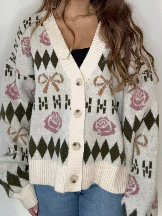 Bow & Floral Graphic Knit Sweater Cardigan