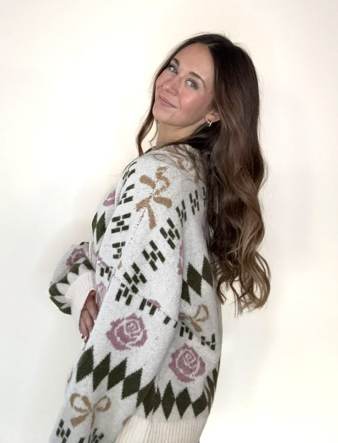 Bow & Floral Graphic Knit Sweater Cardigan