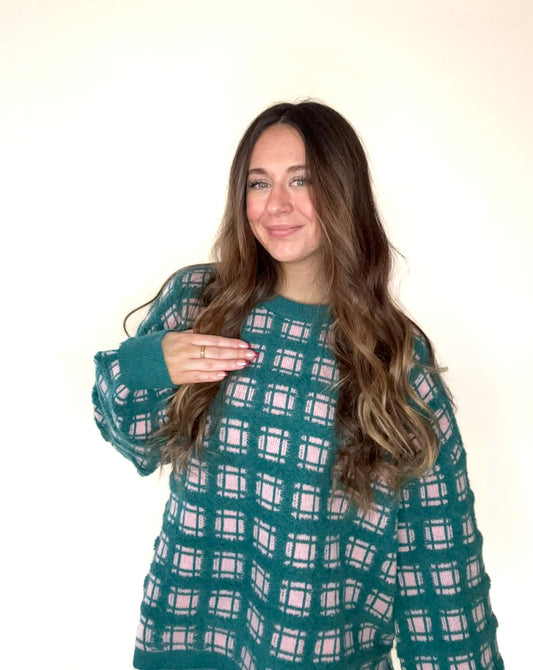 Forest Oversized Soft Yarn Checker Knit Sweater Top