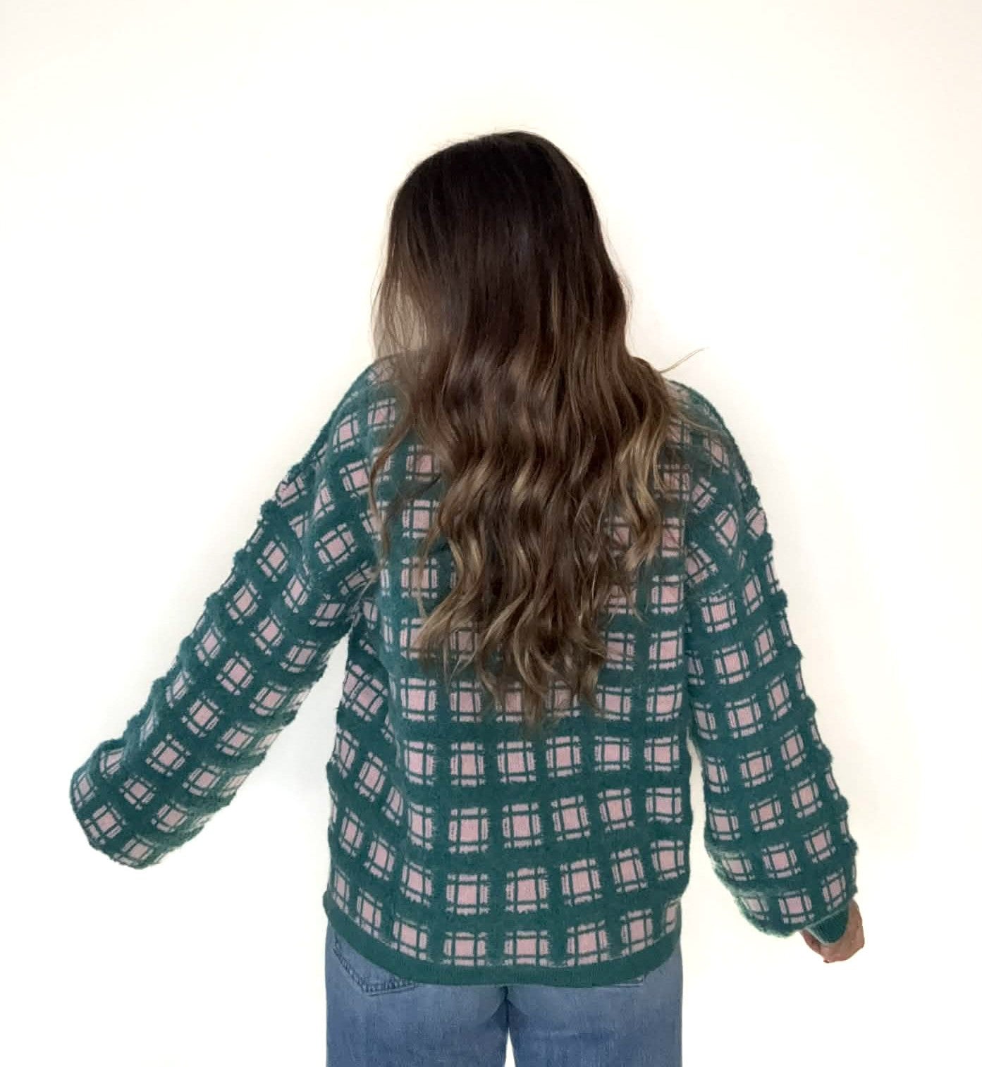 Forest Oversized Soft Yarn Checker Knit Sweater Top