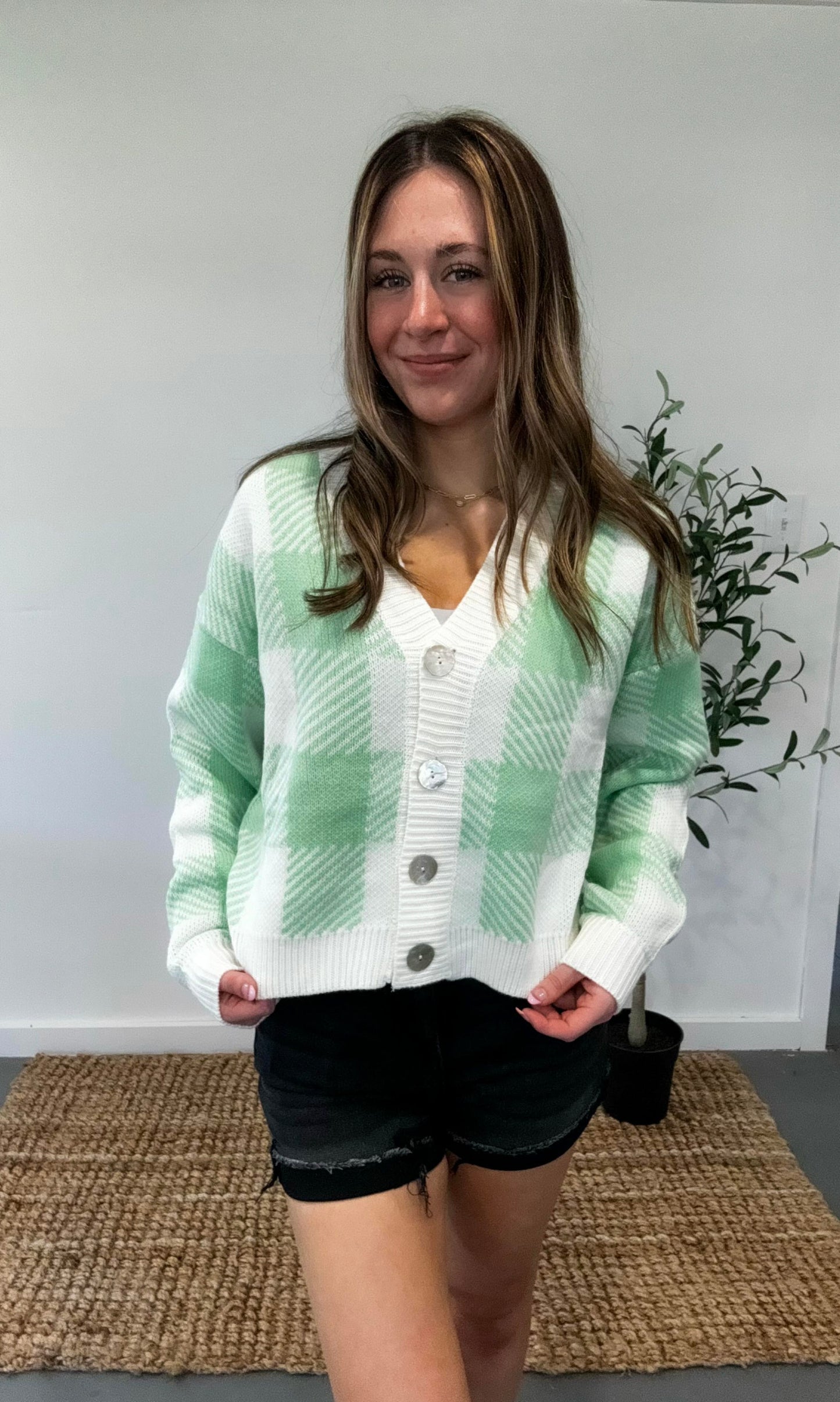 Pistachio Green & White Checkered Cardigan