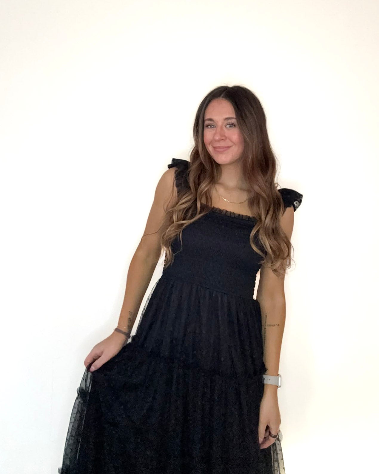 Black Polka Dot Chiffon Smocked Tiered Midi Dress