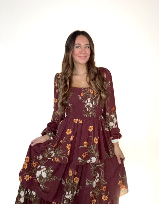 Burgundy Floral Smocked Tiered Balloon Sleeve Midi Dress