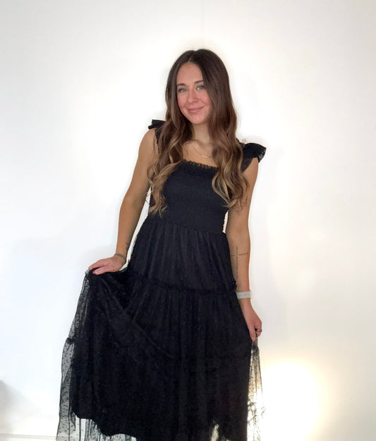 Black Polka Dot Chiffon Smocked Tiered Midi Dress