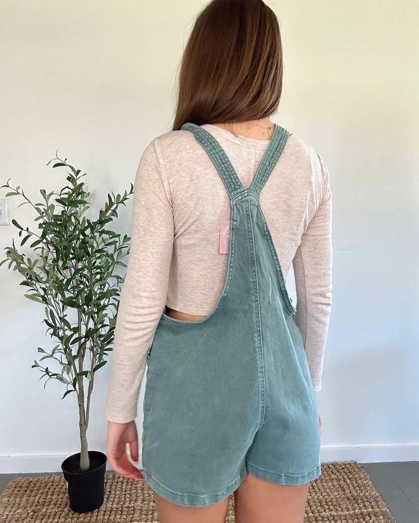 Teal Washed Denim Knot Strap Romper