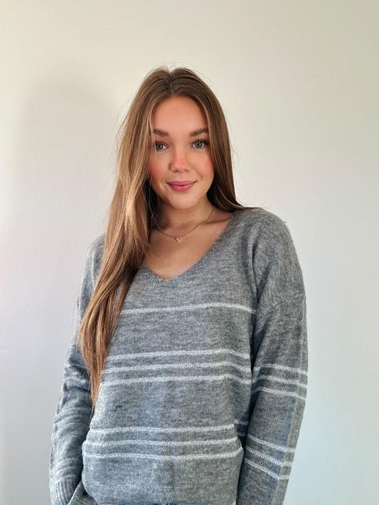 Striped Cozy Light Weight V-neck Pullover Sweater with Side Slits