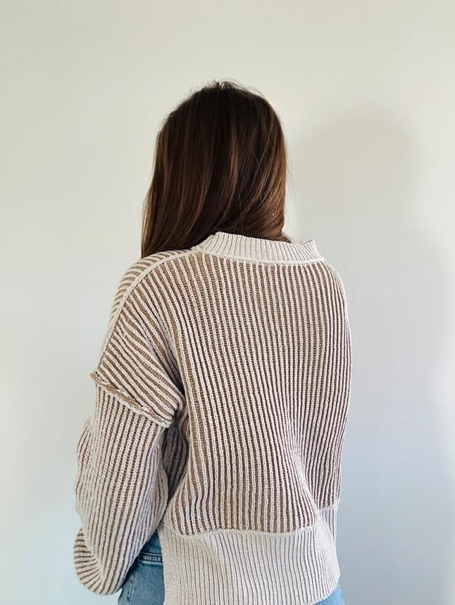 Cream Two Tone Striped Casual Stripe Sweater Top