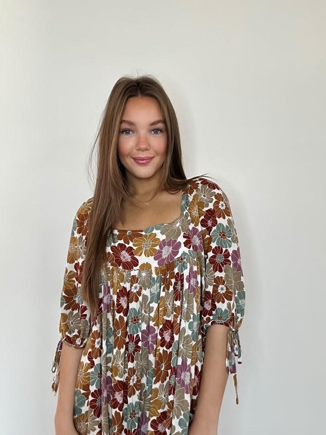 Earthy Floral Square Neck Tie Sleeve Dress