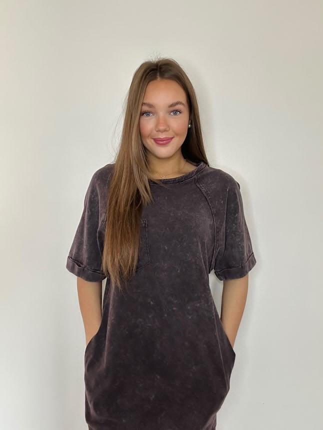 Black Round Neck Washed Knit Mini Dress