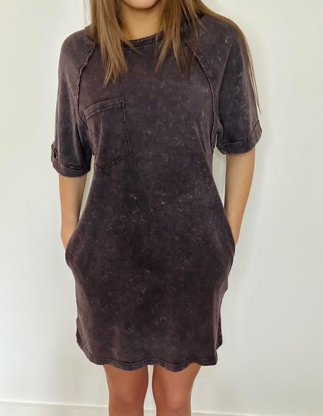 Black Round Neck Washed Knit Mini Dress