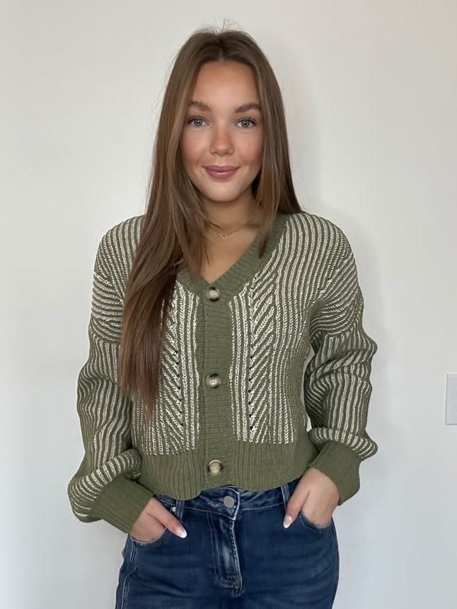 Olive Two Tone Button Down Oversized Sweater Cardigan