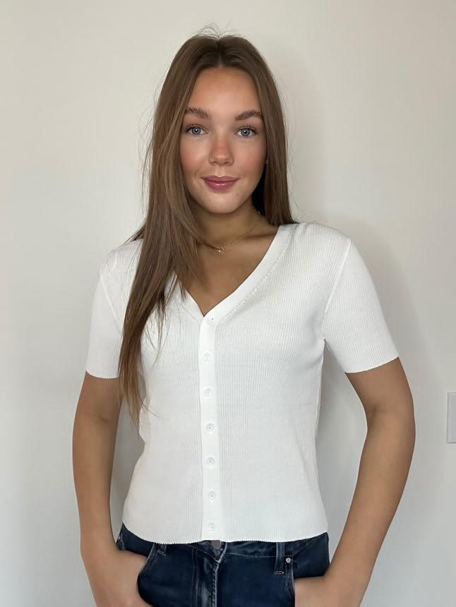 Off White Short Sleeve Ribbed Easy Button Front Light Cardigan