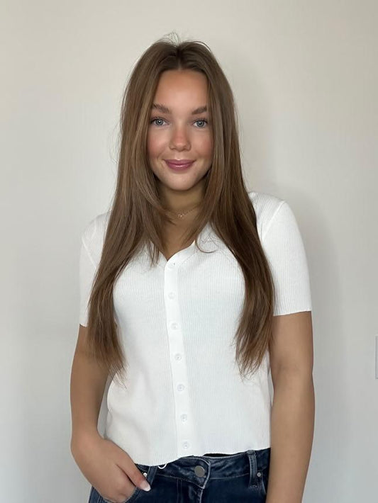 Off White Short Sleeve Ribbed Easy Button Front Light Cardigan