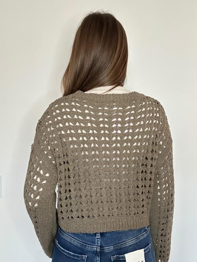 Dark Olive Long Flared Sleeve Open-Weave Sweater