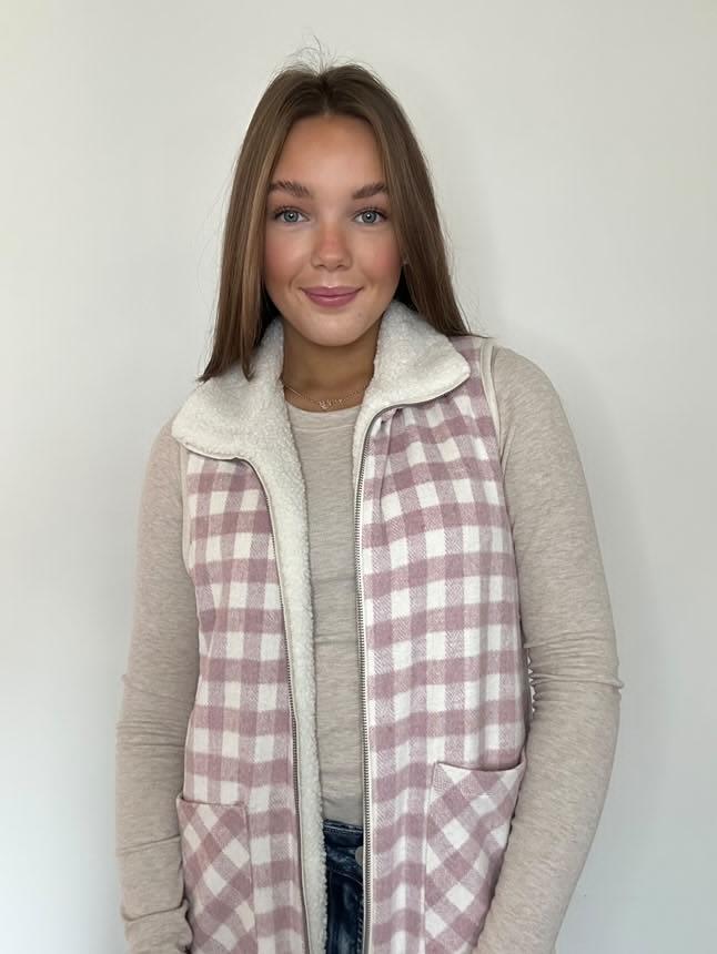 Lilac Cream Reversible Sherpa Gingham Vest
