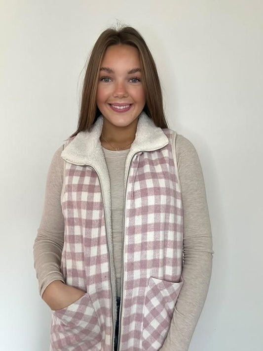 Lilac Cream Reversible Sherpa Gingham Vest