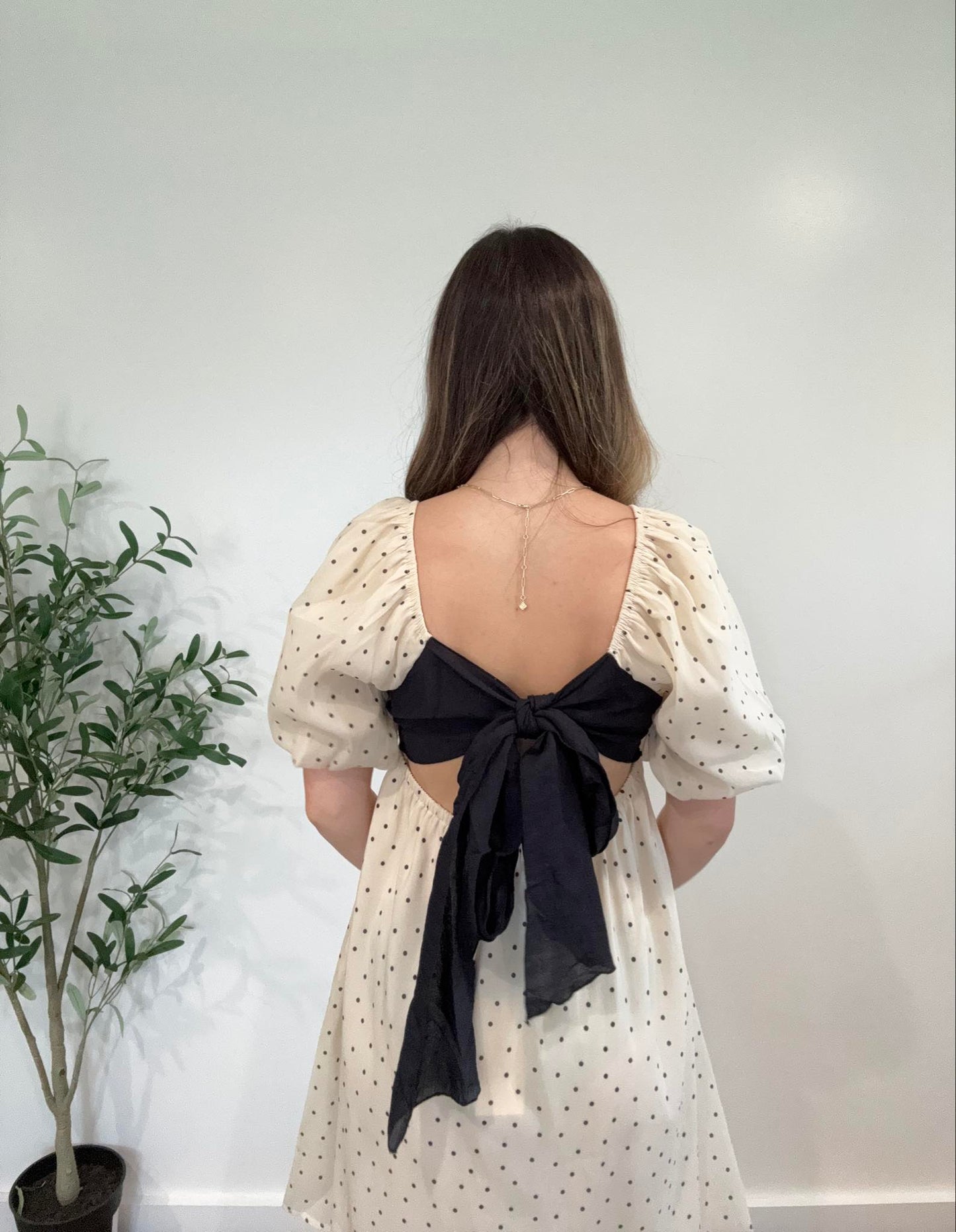 Printed Organza Puff Sleeve Tiered Babydoll Dress with Contrast Back Bow