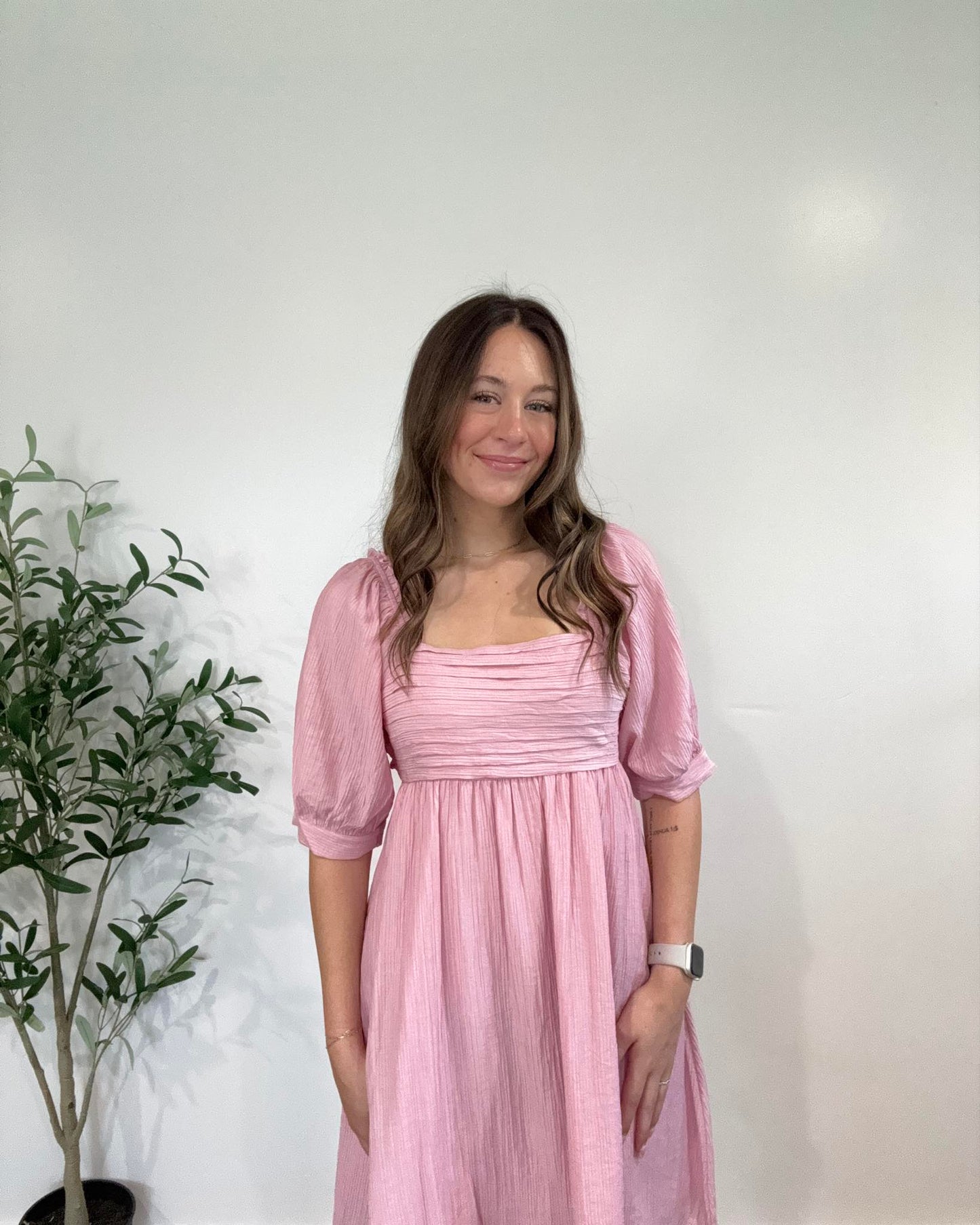 Pink Pleated Babydoll Puff Sleeve Dress with Bow Back and Side Pockets