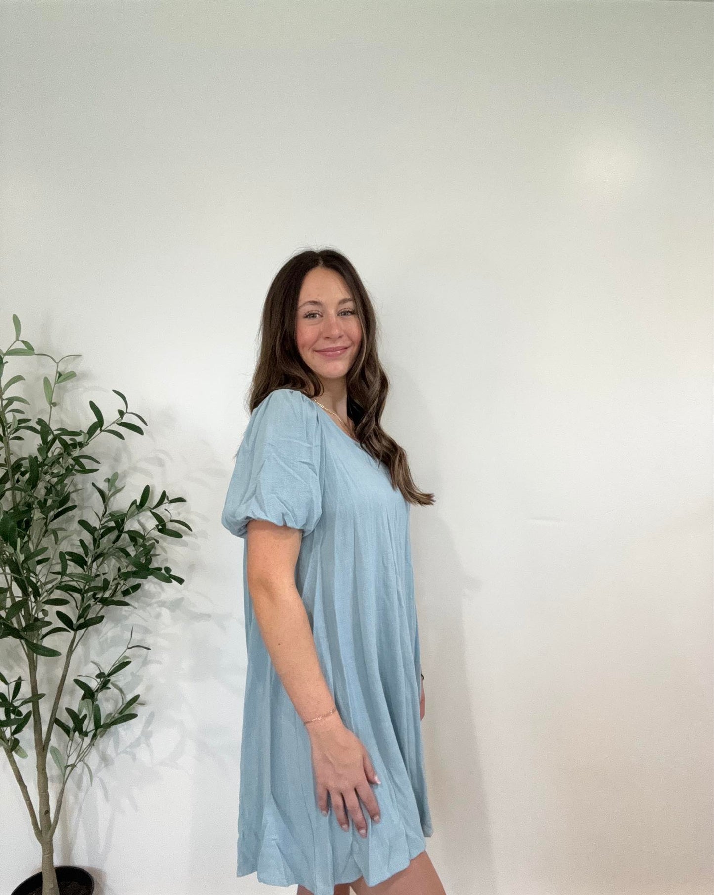 Stone Blue Linen Open Back Puff Short Sleeve Mini Dress