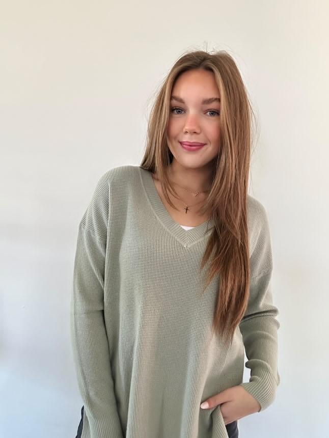Dusty Sage Soft Waffle V-Neck Sweater with Side Slits