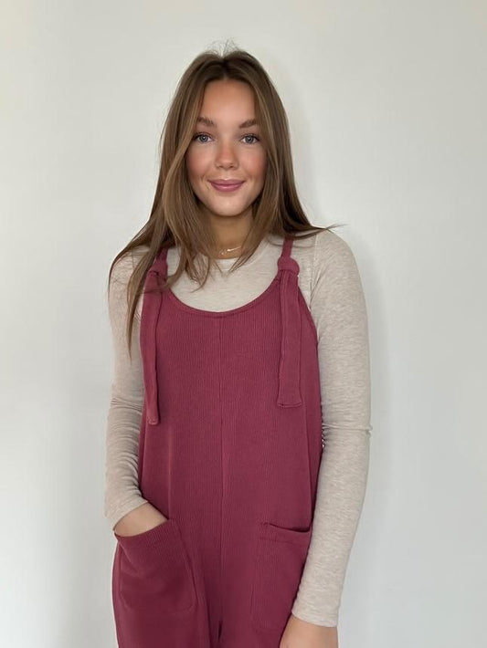 Redbean Knit Jumpsuit with Front Patch Pockets