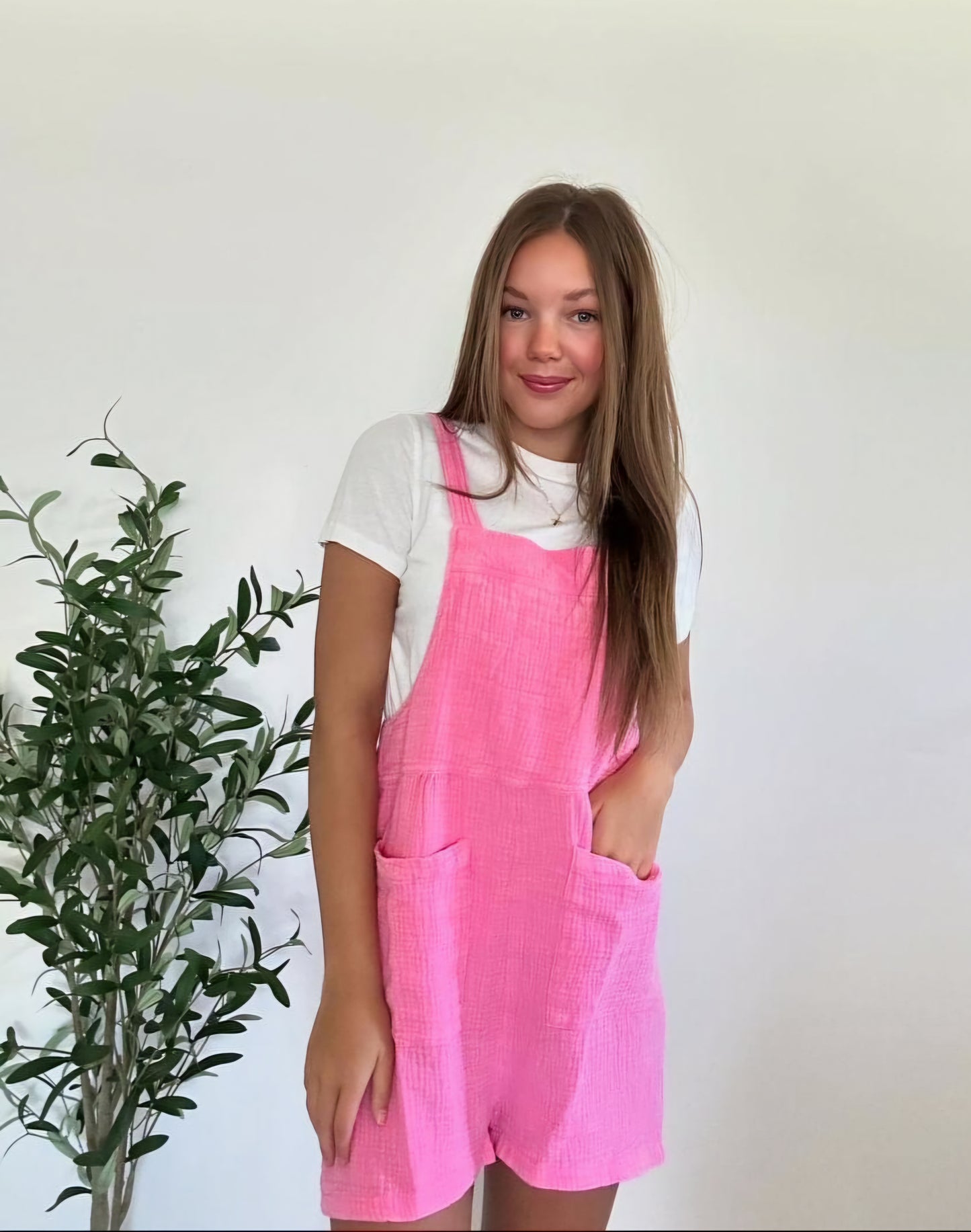 Pink Sleeveless Double Gauze Overall Romper w/ Pockets