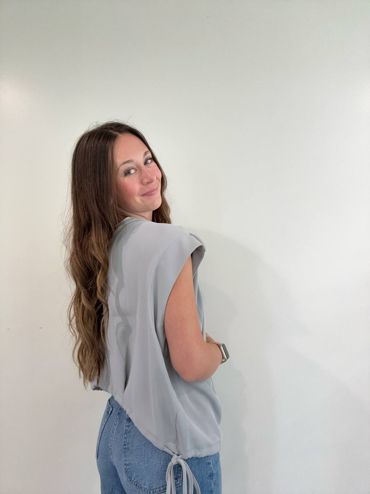 Woven Drawstring Tie Side Sleeveless Top
