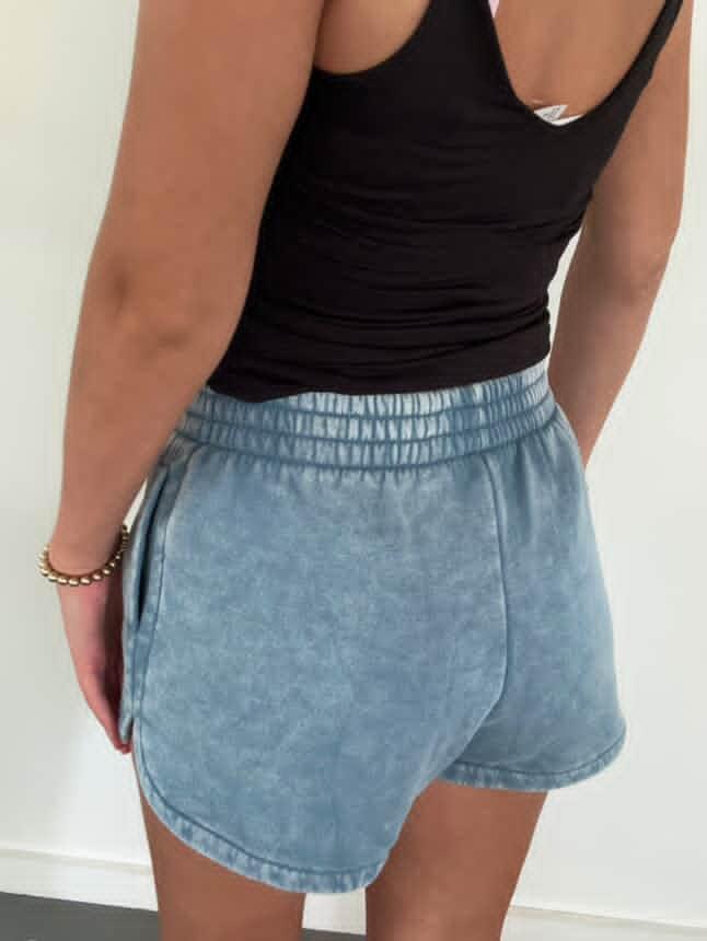 Acid Washed Elastic Waistband Dolphin Shorts