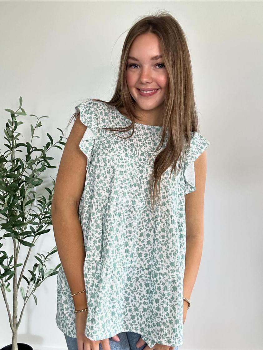 Sage Butterfly Sleeve Ditsy Floral Tiered Top