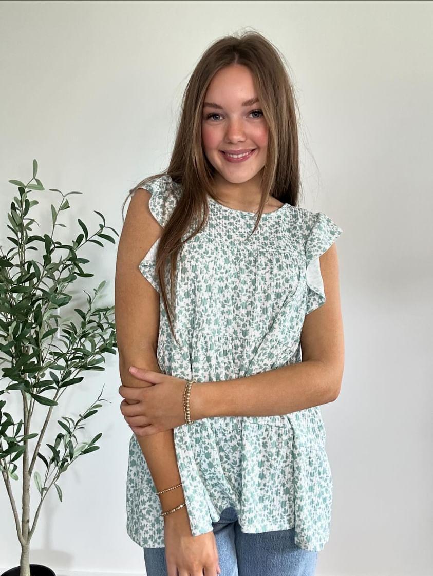 Sage Butterfly Sleeve Ditsy Floral Tiered Top
