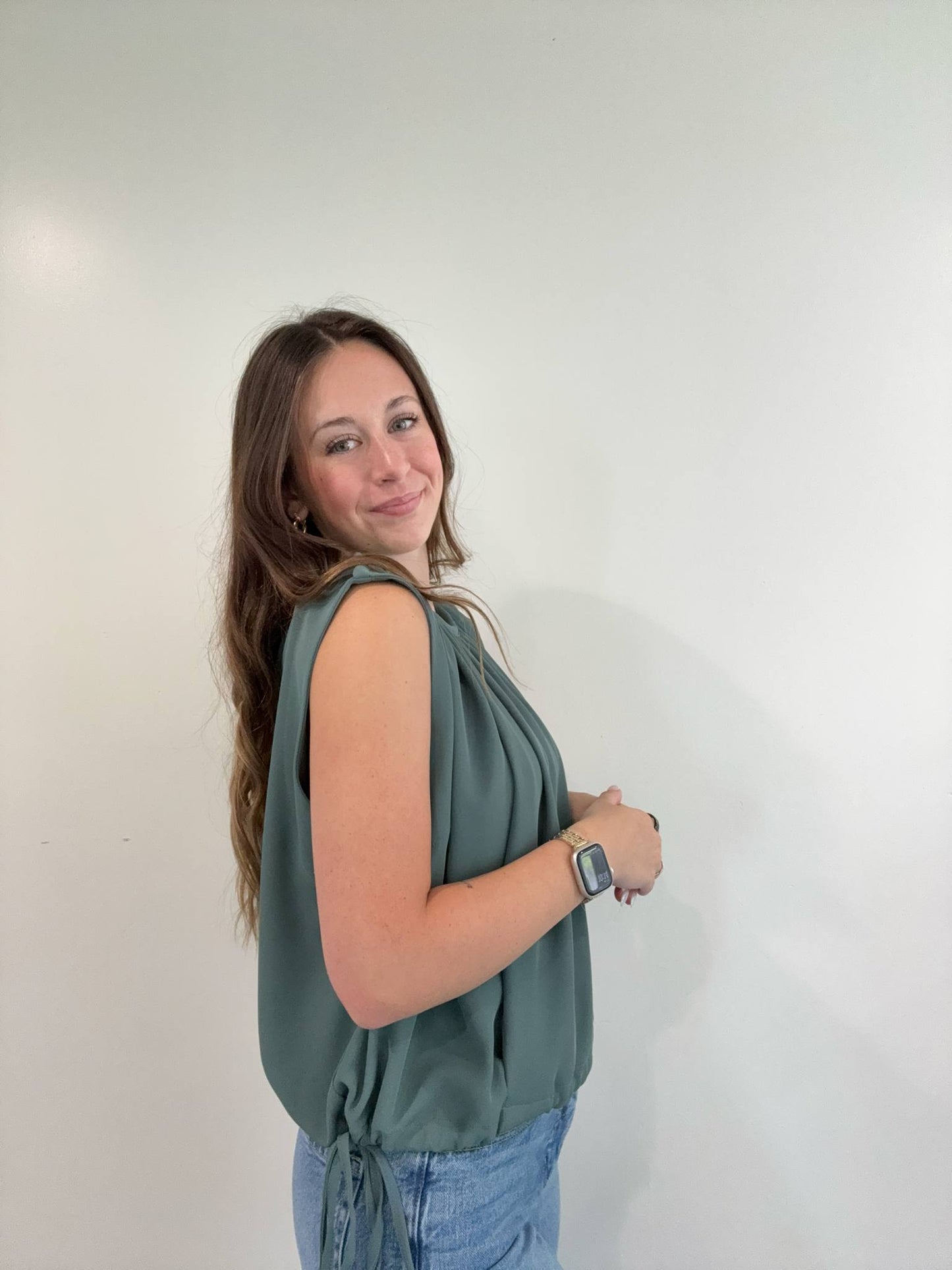 Woven Drawstring Tie Side Sleeveless Top