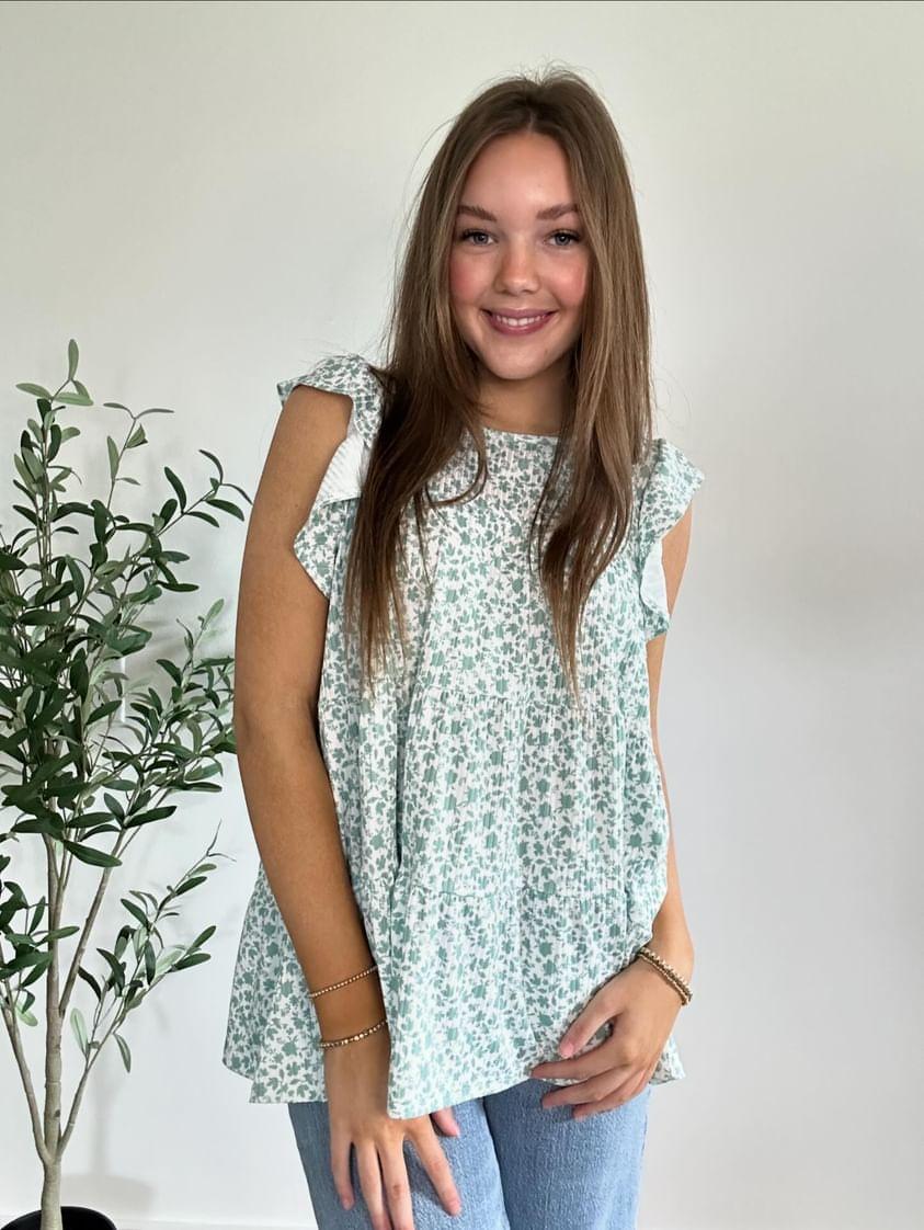 Sage Butterfly Sleeve Ditsy Floral Tiered Top