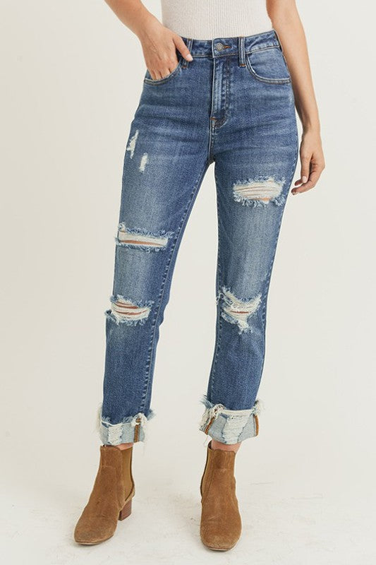 High Rise Distressed Straight Leg Jeans