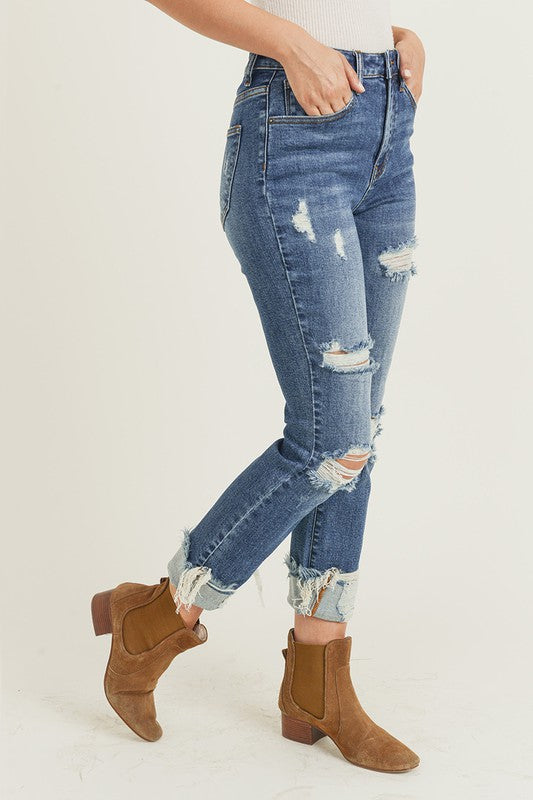 High Rise Distressed Straight Leg Jeans