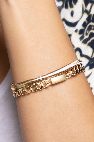 Silver Metal Layered Link and Snake Chain Pendant Bracelet