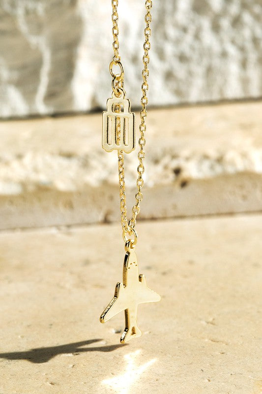Gold Brass Airplane and Luggage Charm Necklace