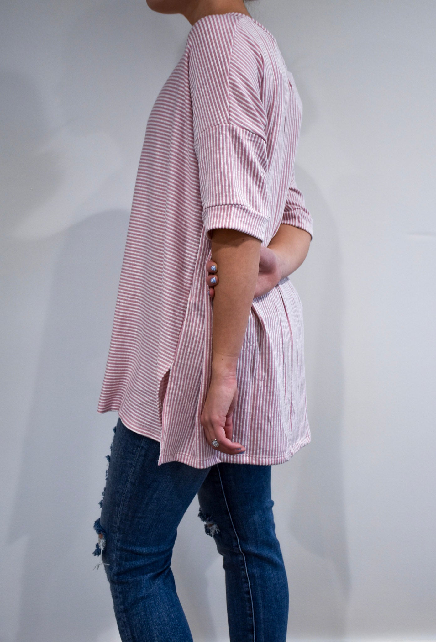 Mauve Striped 3/4 Sleeve Oversized Top