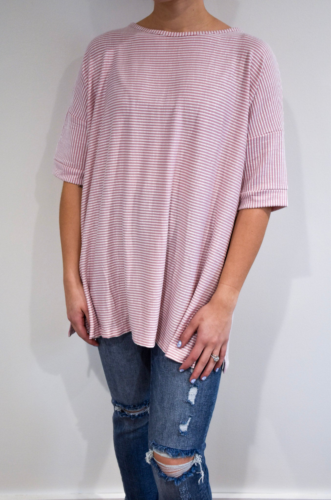 Mauve Striped 3/4 Sleeve Oversized Top