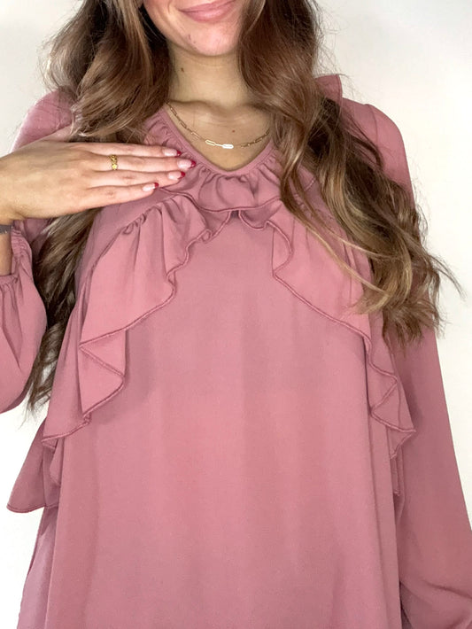 Mauve Solid Ruffle Long Sleeve Top