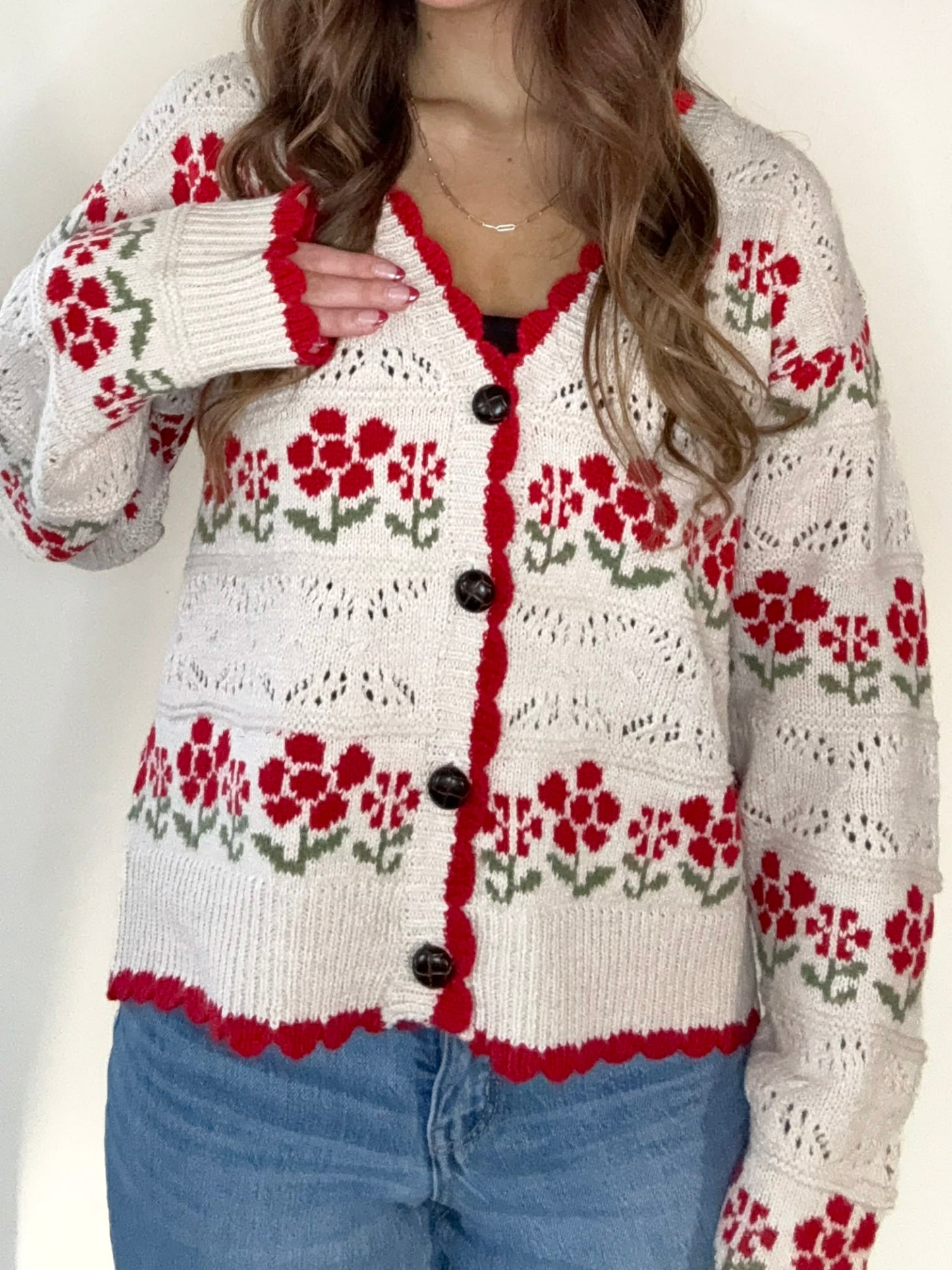 Oatmeal Floral Graphic Detail Knit Sweater Cardigan