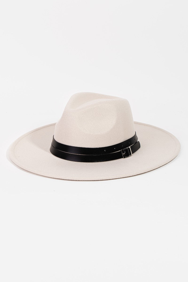 Ivory Fedora Hat with Black Double Wrap Faux Leather Strap